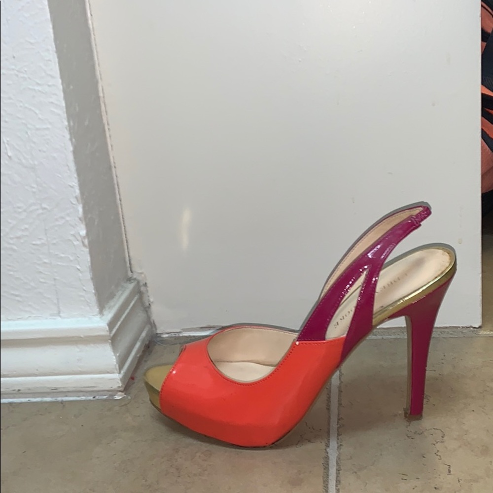 Orange and magenta heels with gold accent
